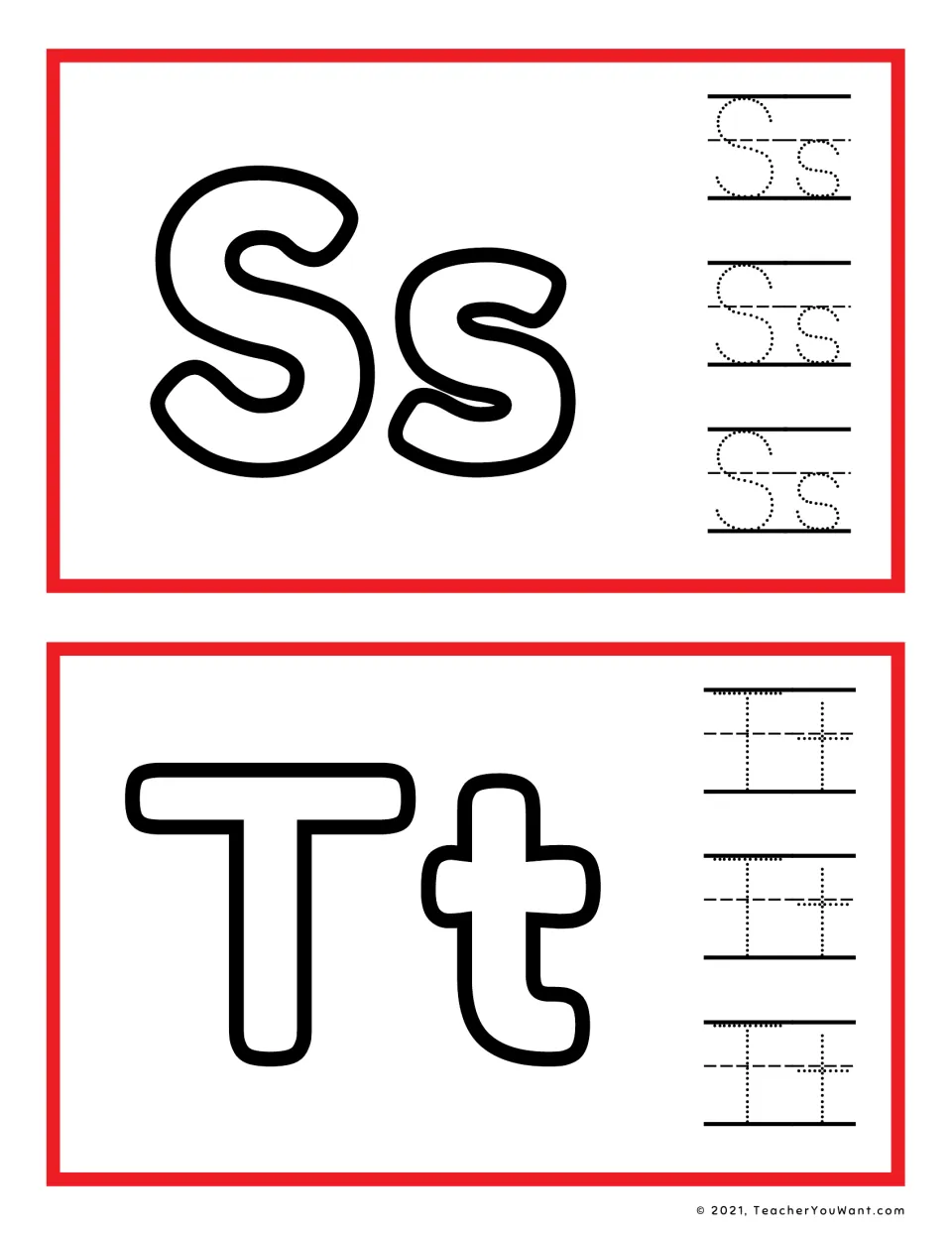 Letters S and T: students press playdough into outline Ss and Tt, then trace dotted Ss and Tt three times for formation
