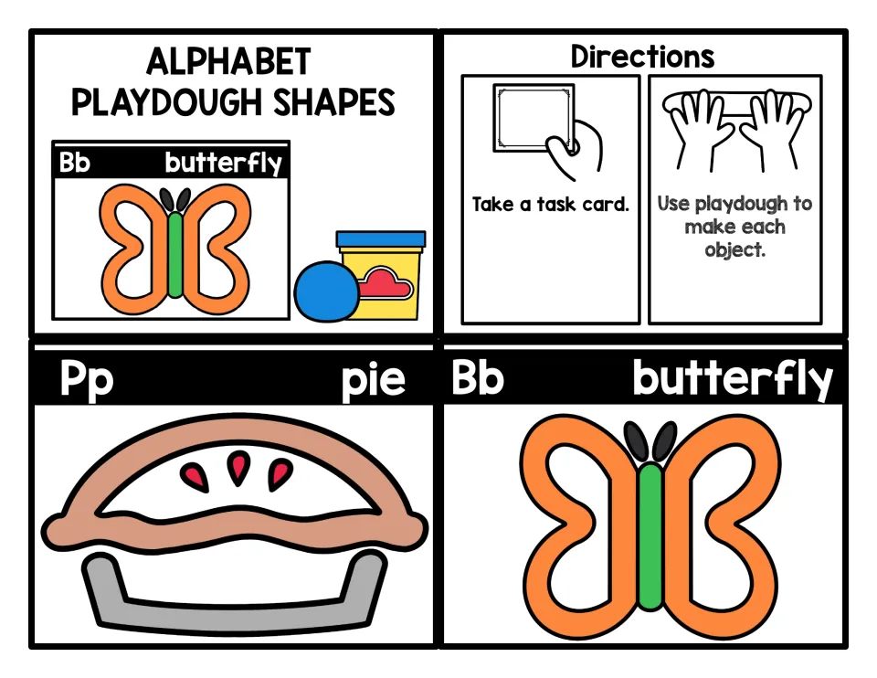 Alphabet Playdough Shapes title card and directions, then letter cards: Pp pie and Bb butterfly to build from playdough