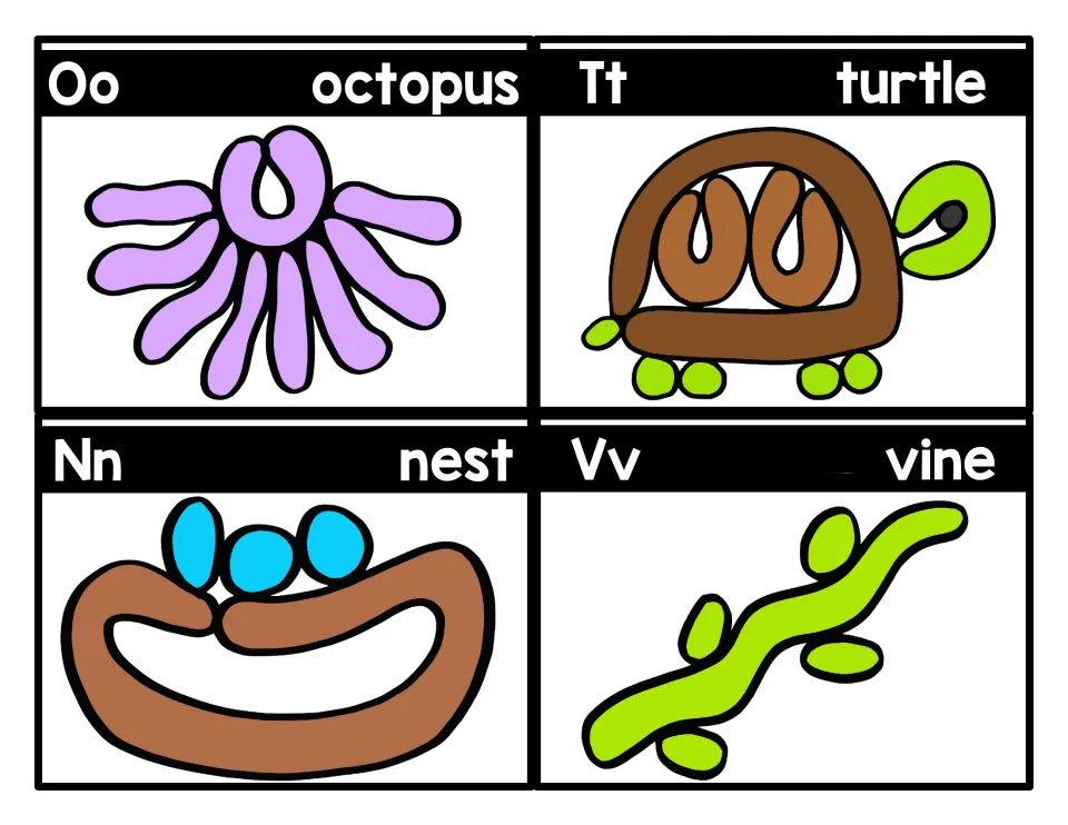 Letter-sound cards for Oo octopus, Tt turtle, Nn nest and Vv vine: students roll playdough to form each pictured object