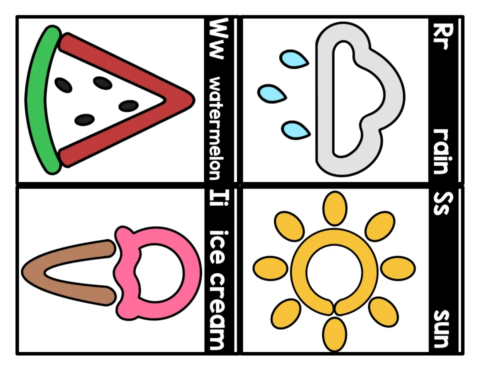 Letter cards for Rr rain, Ss sun, Ww watermelon and Ii ice cream: students shape each object from playdough rolls