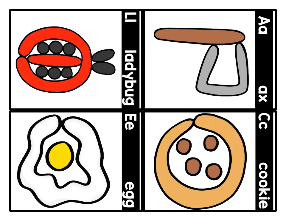 Alphabet cards Aa ax, Cc cookie, Ll ladybug and Ee egg showing playdough pictures to recreate while saying each sound