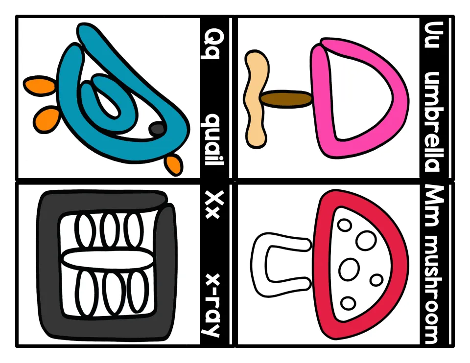 Letter cards Uu umbrella, Mm mushroom, Qq quail and Xx x-ray, each with a playdough model to build and name its first sound