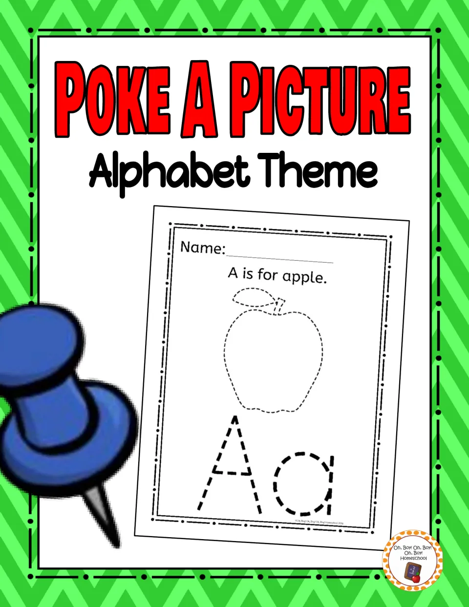 Alphabet pinning activity cover titled 'Poke A Picture' and 'Alphabet Theme,' showing an apple and Aa sample