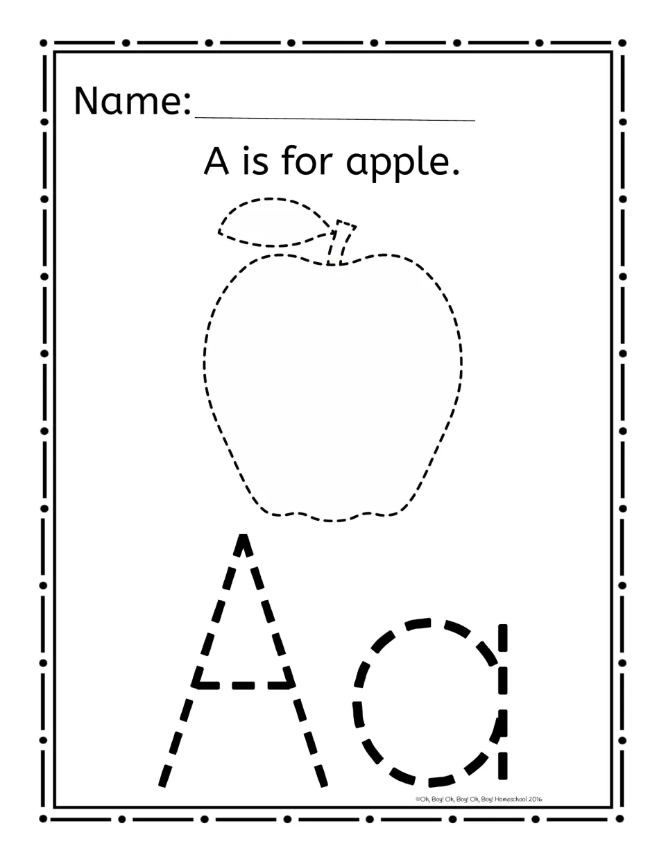 Alphabet pinning worksheet for A: 'A is for apple.' above an apple outline and uppercase A and lowercase a