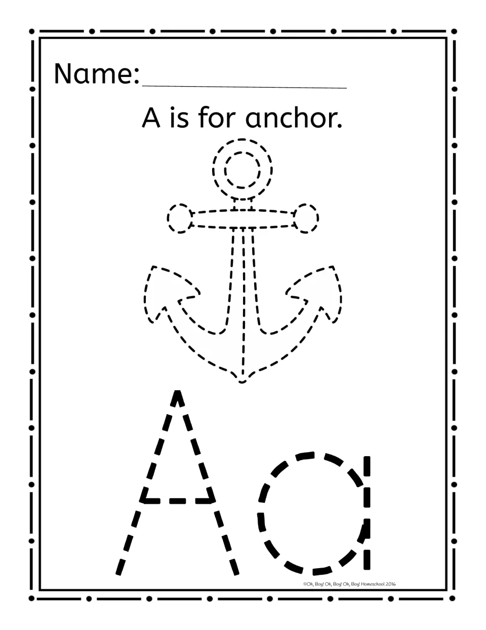 Alphabet pinning worksheet for A: 'A is for anchor.' above an anchor outline and uppercase A and lowercase a