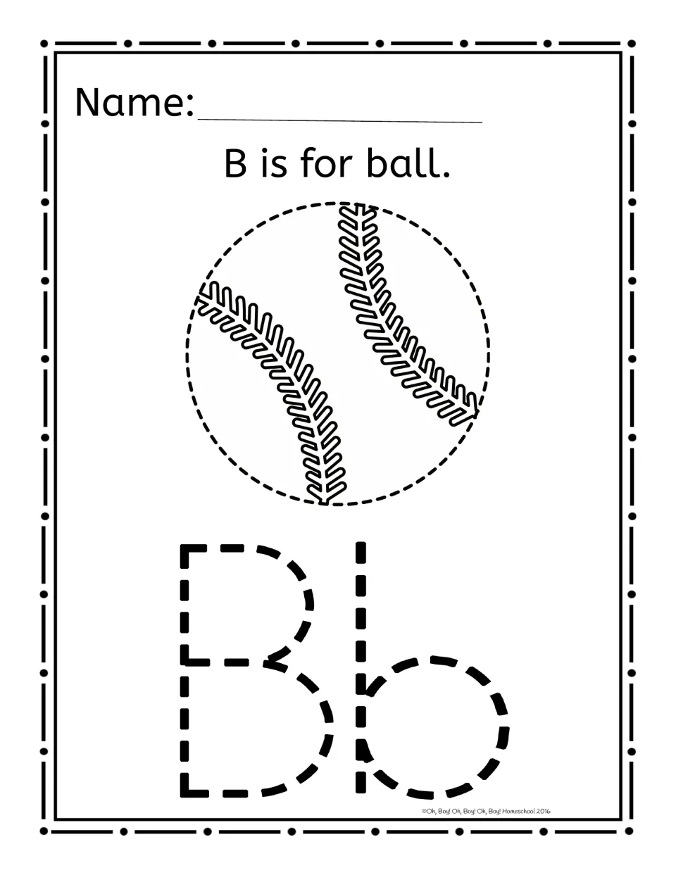 Alphabet pinning worksheet for B: 'B is for ball.' above a baseball outline and uppercase B and lowercase b