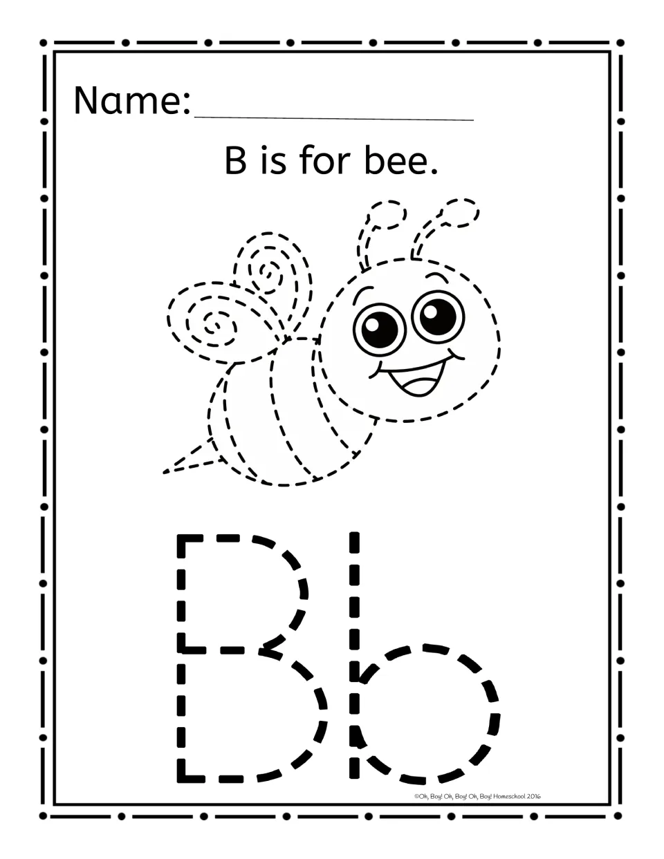 Alphabet pinning worksheet for B: 'B is for bee.' above a bee picture and dashed uppercase B and lowercase b