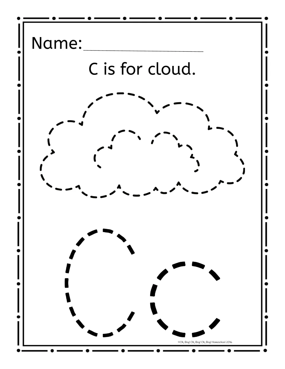 Alphabet pinning worksheet for C: 'C is for cloud.' above a cloud outline and uppercase C and lowercase c