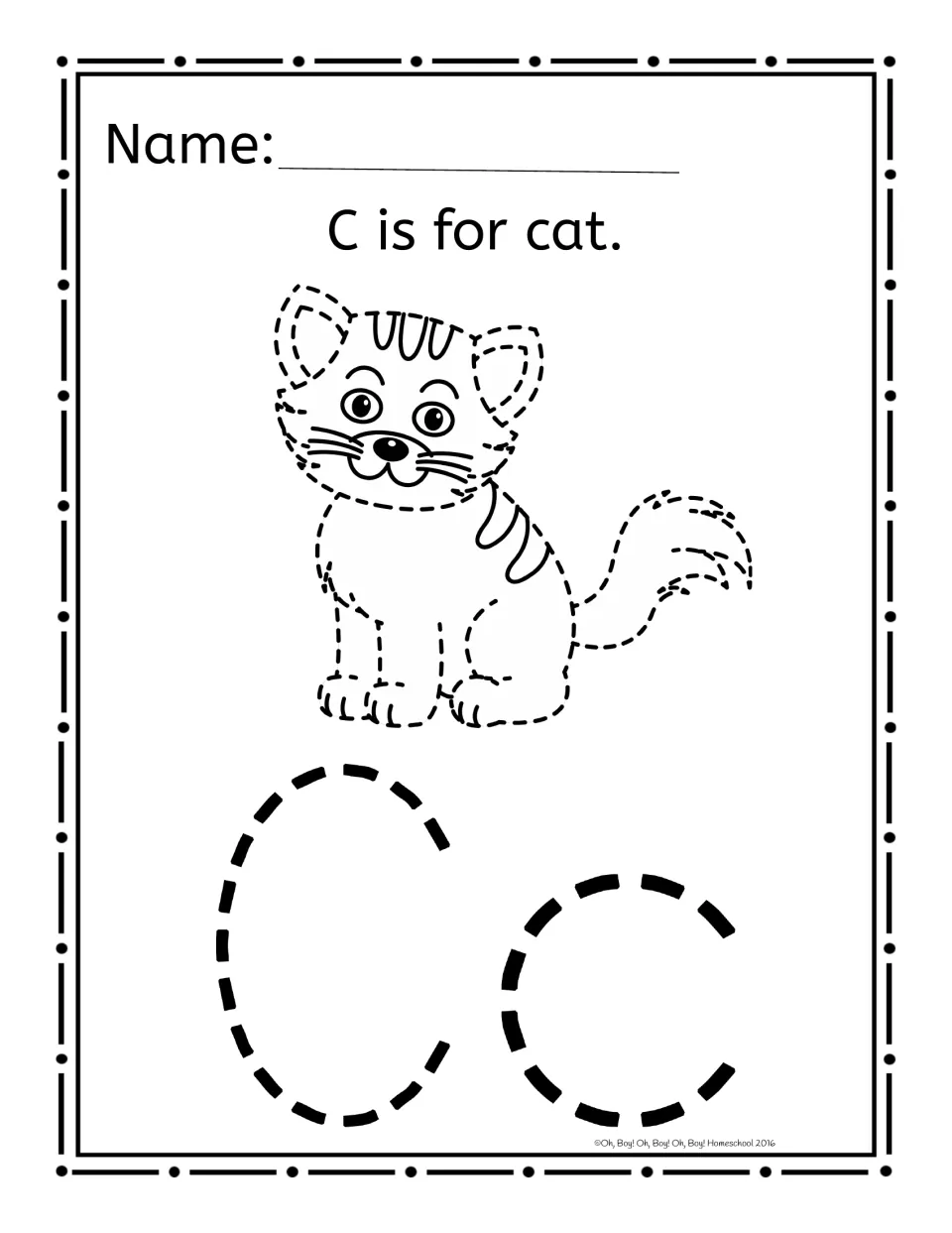 Alphabet pinning worksheet for C: 'C is for cat.' above a cat picture and dashed uppercase C and lowercase c