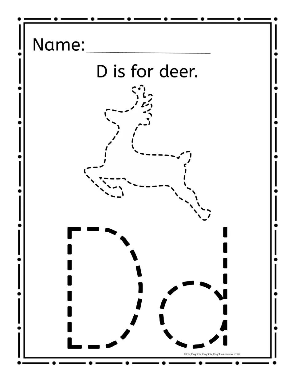 Alphabet pinning worksheet for D: 'D is for deer.' above a deer outline and uppercase D and lowercase d