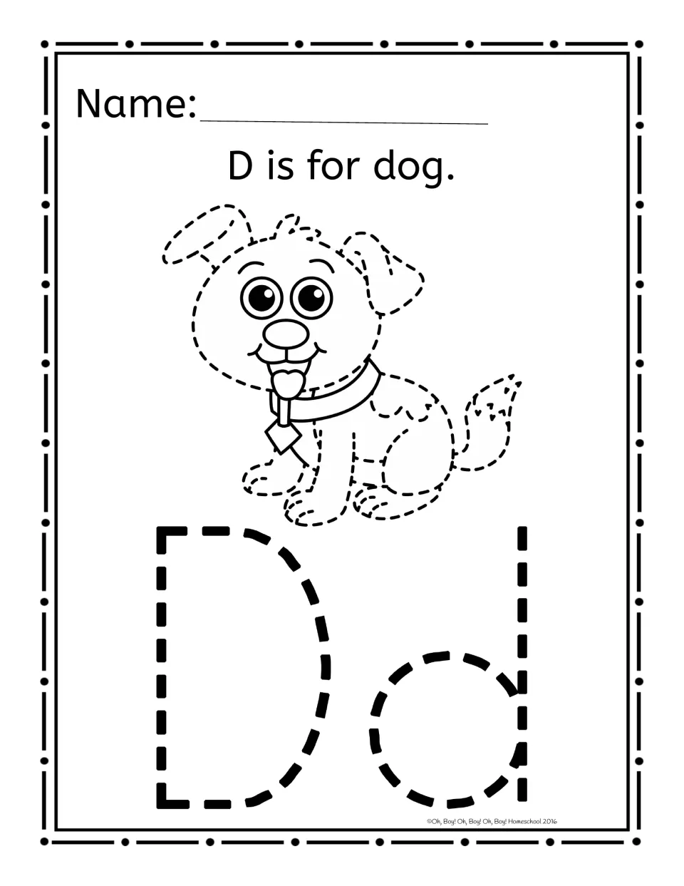 Alphabet pinning worksheet for D: 'D is for dog.' above a dog picture and dashed uppercase D and lowercase d