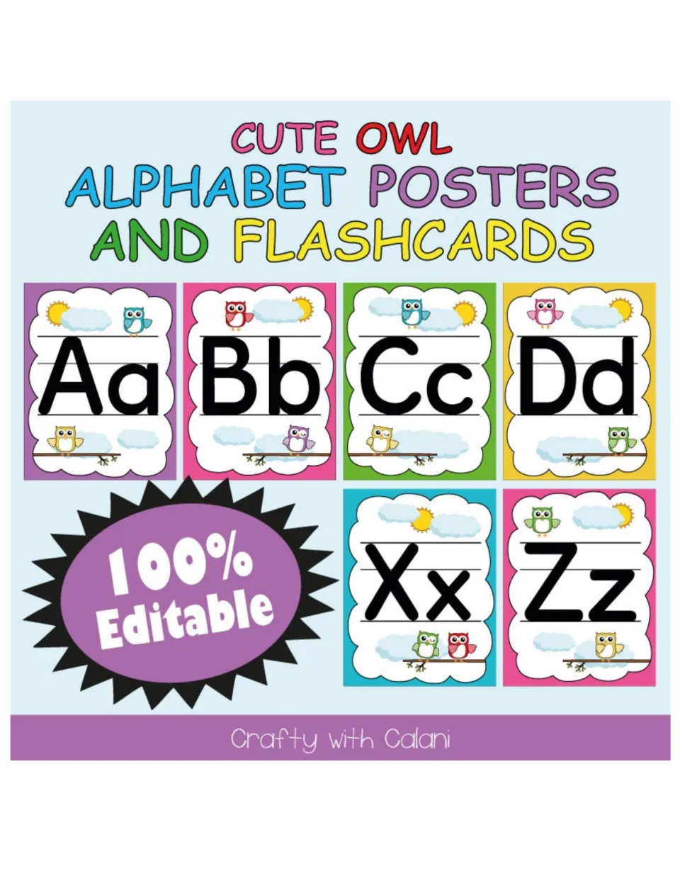 Cover of the owl alphabet poster and flashcard set, showing samples for Aa, Bb, Cc, Dd, Xx, and Zz