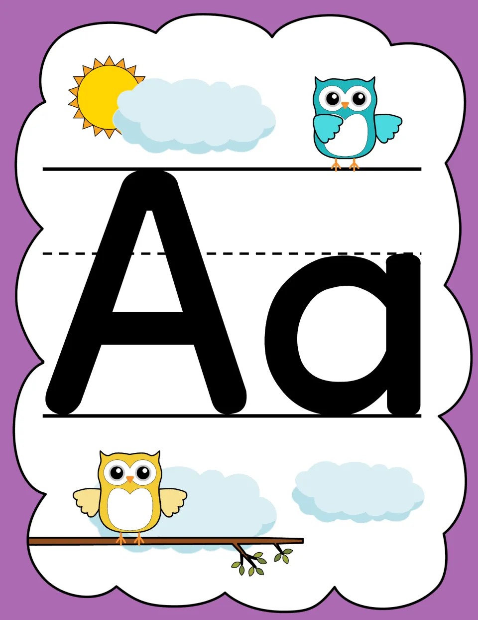 Letter A poster in the owl alphabet set, displaying uppercase A and lowercase a for poster or flashcard use