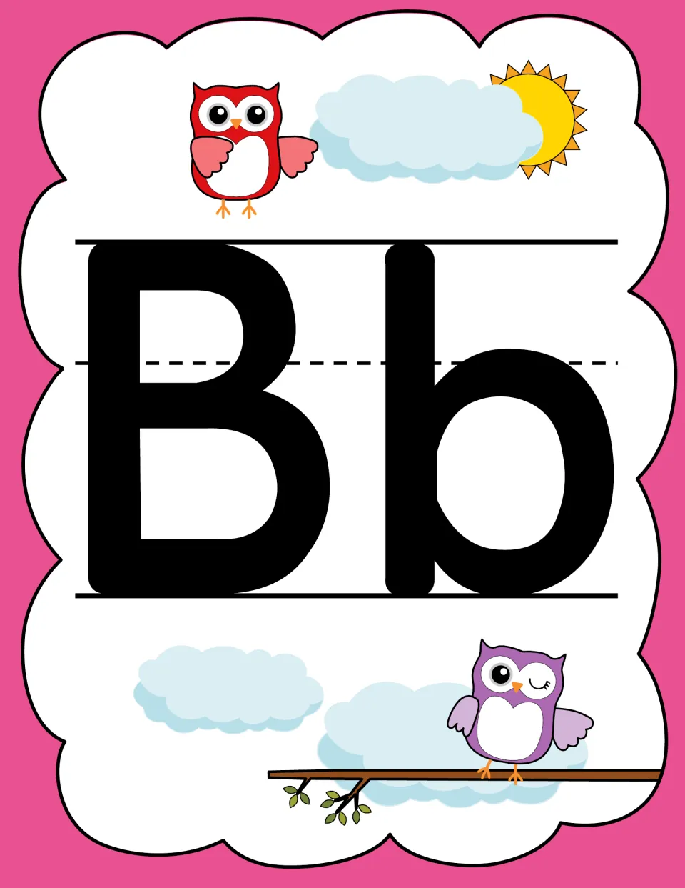 Letter B poster in the owl alphabet set, displaying uppercase B and lowercase b for poster or flashcard use