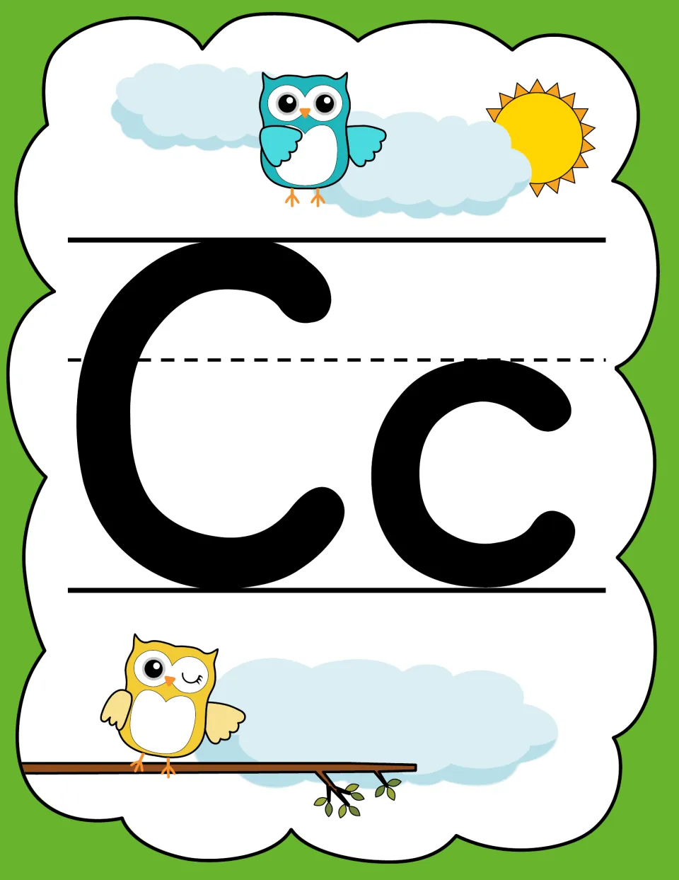 Letter C poster in the owl alphabet set, displaying uppercase C and lowercase c for poster or flashcard use