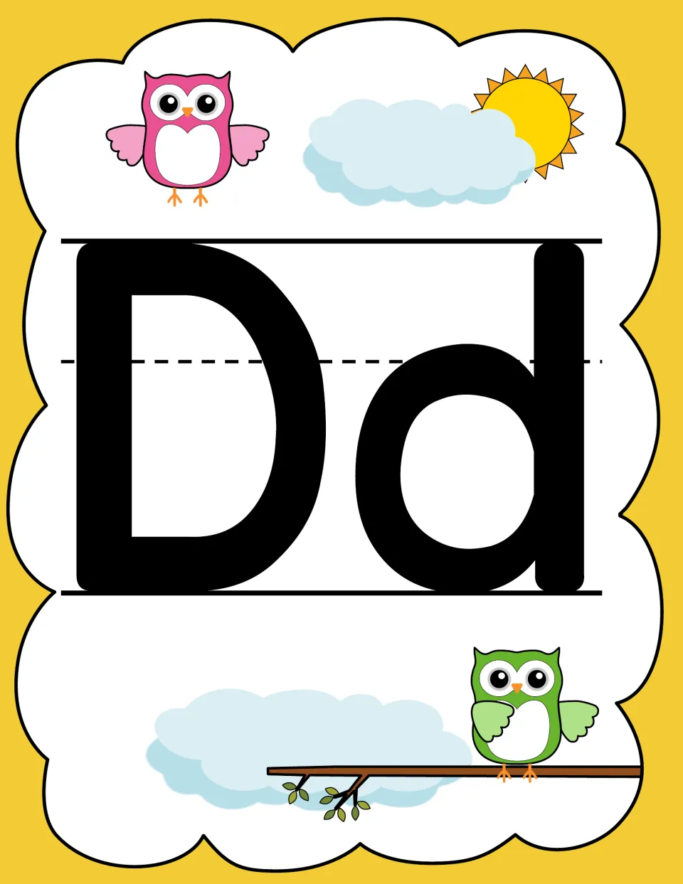 Letter D poster in the owl alphabet set, displaying uppercase D and lowercase d for poster or flashcard use