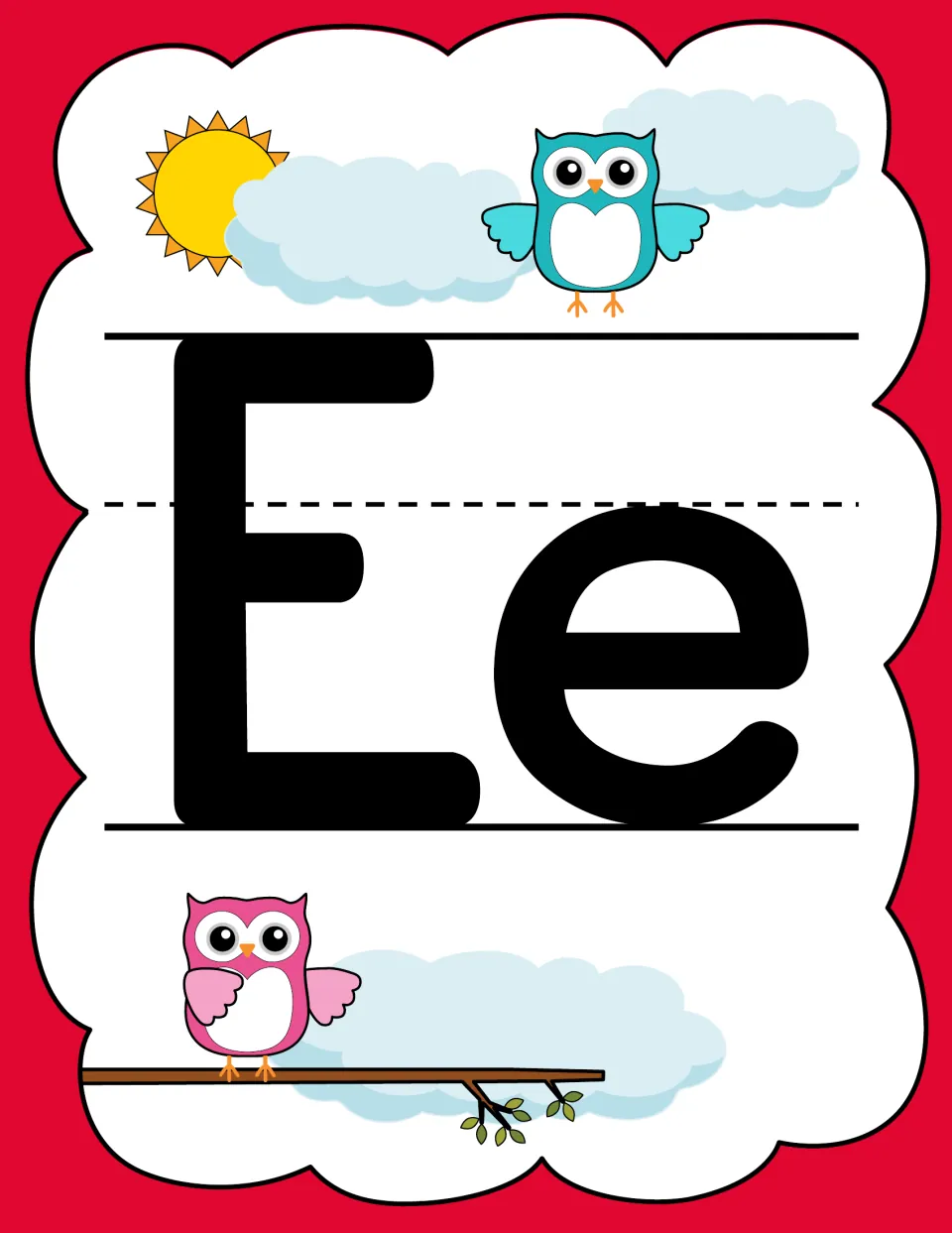 Letter E poster in the owl alphabet set, displaying uppercase E and lowercase e for poster or flashcard use