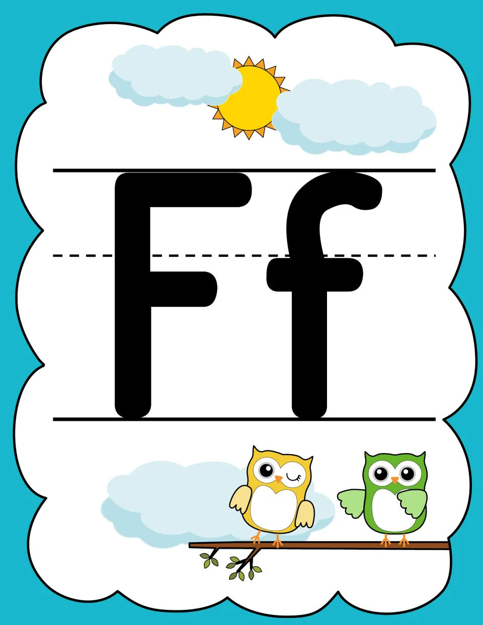 Letter F poster in the owl alphabet set, displaying uppercase F and lowercase f for poster or flashcard use
