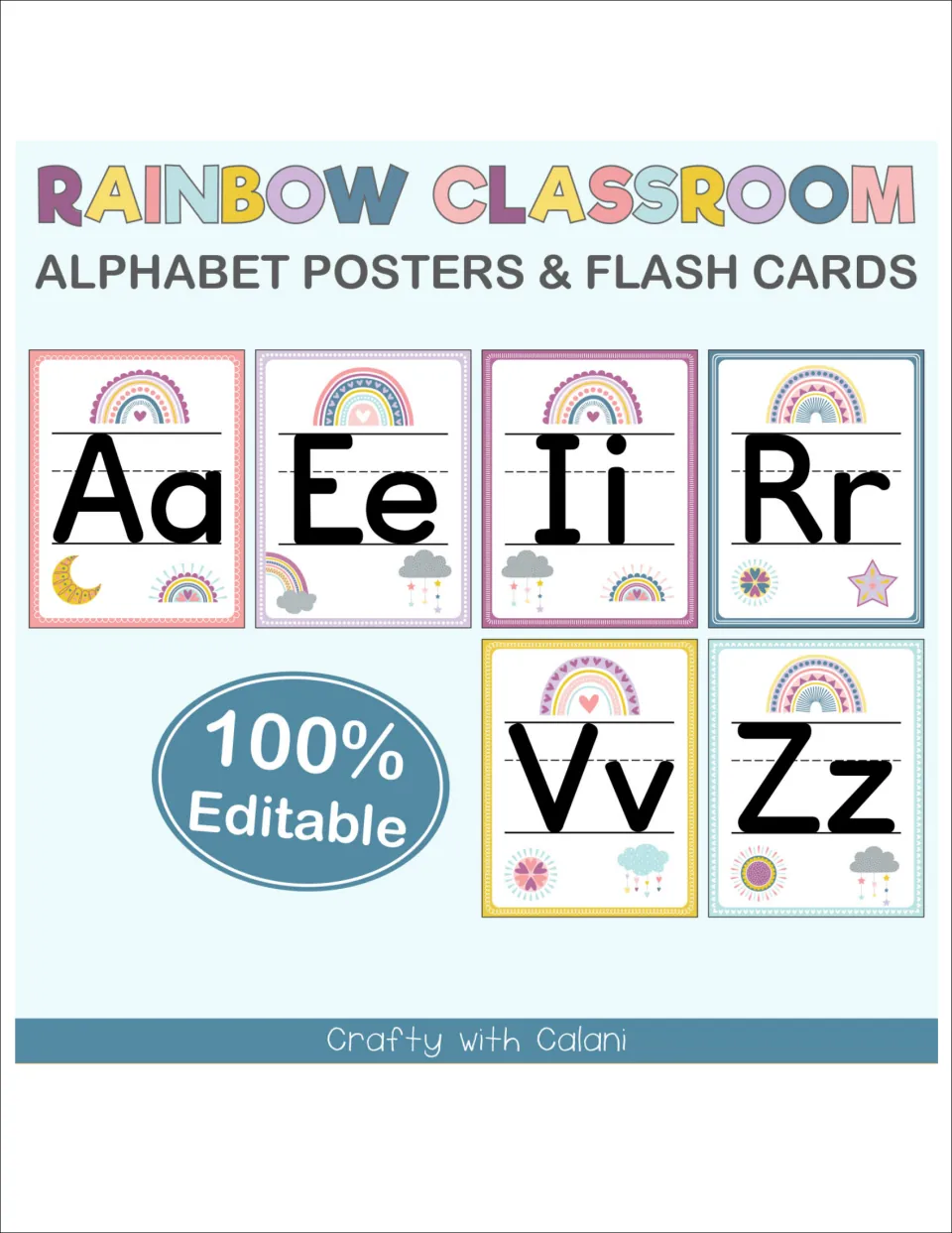 Cover of the rainbow alphabet poster and flashcard set, showing Aa, Ee, Ii, Rr, Vv, Zz and editable label