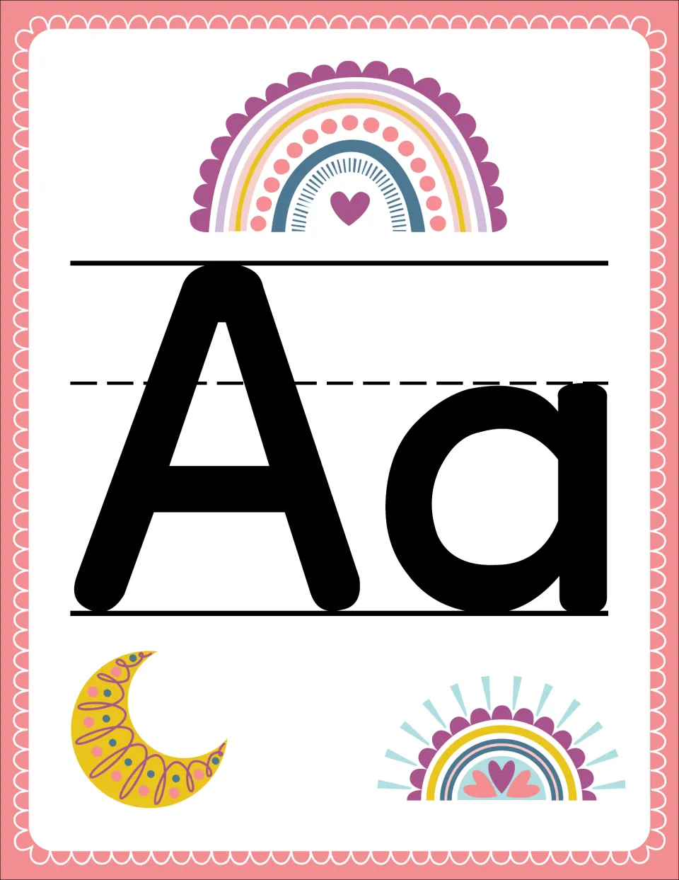 Alphabet poster A pairs uppercase A and lowercase a in the rainbow set for classroom letter recognition