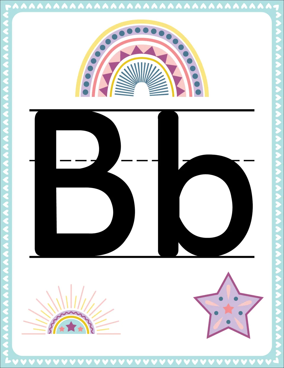 Alphabet poster B pairs uppercase B and lowercase b in the rainbow set for classroom letter recognition