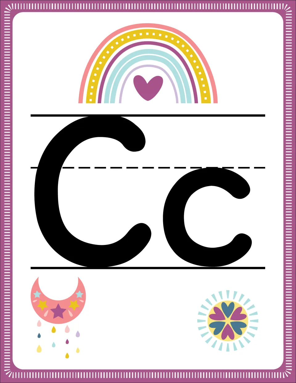 Alphabet poster C pairs uppercase C and lowercase c in the rainbow set for classroom letter recognition