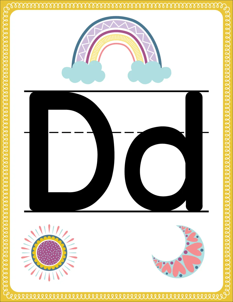 Alphabet poster D pairs uppercase D and lowercase d in the rainbow set for classroom letter recognition