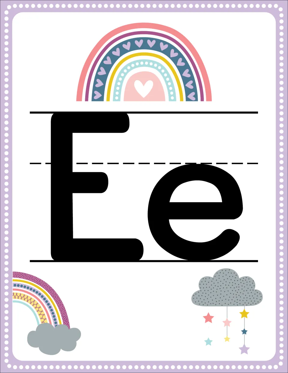 Alphabet poster E pairs uppercase E and lowercase e in the rainbow set for classroom letter recognition