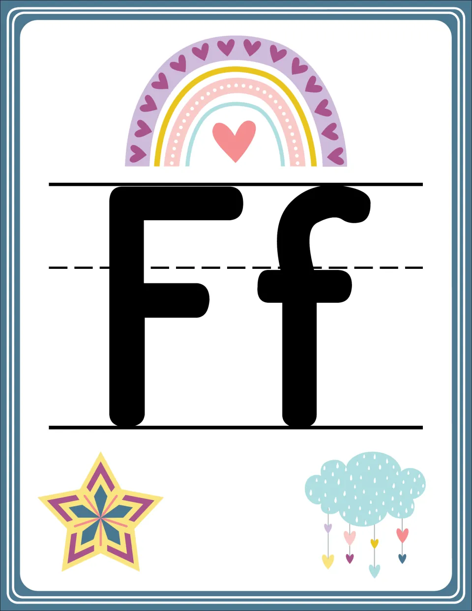 Alphabet poster F pairs uppercase F and lowercase f in the rainbow set for classroom letter recognition