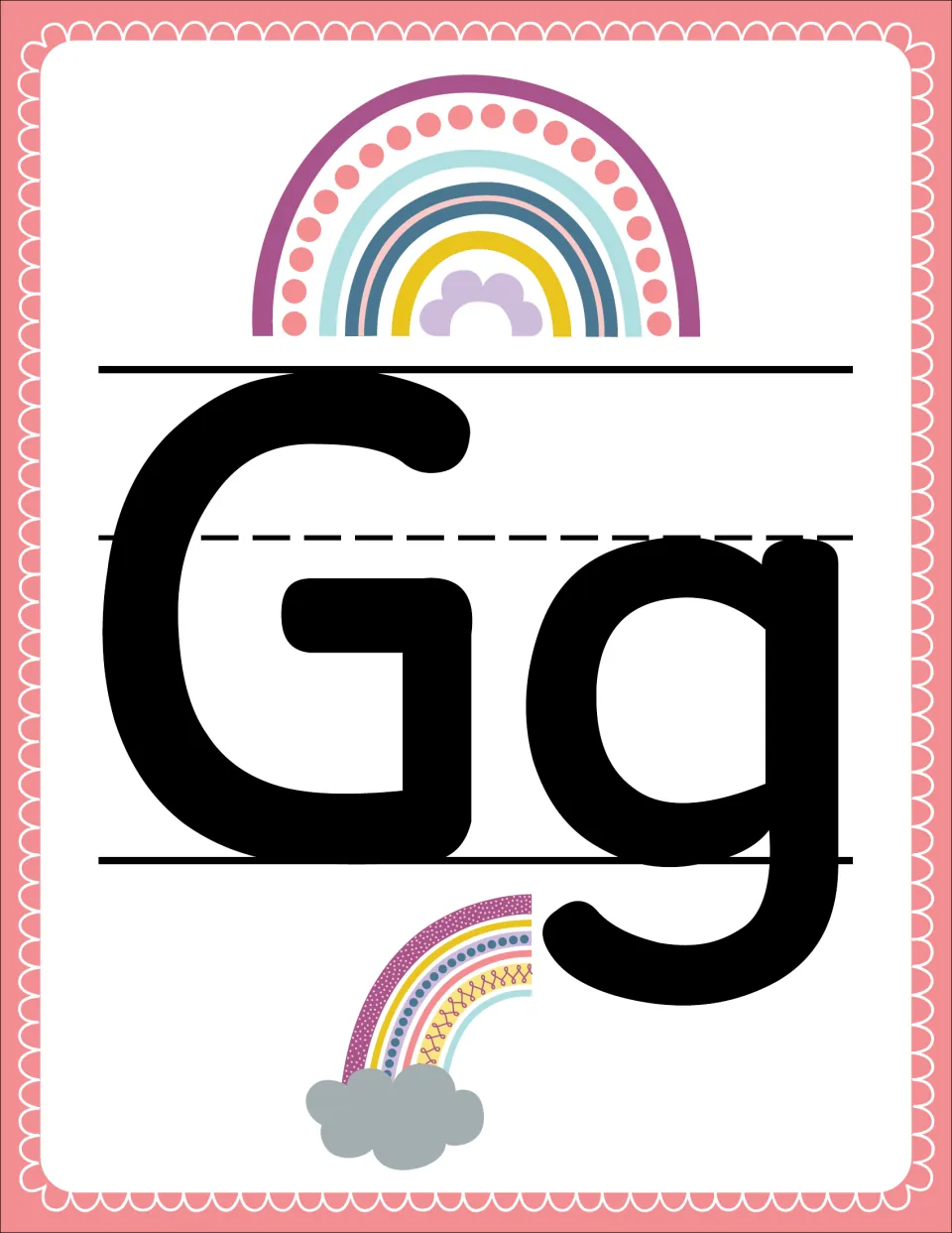 Alphabet poster G pairs uppercase G and lowercase g in the rainbow set for classroom letter recognition