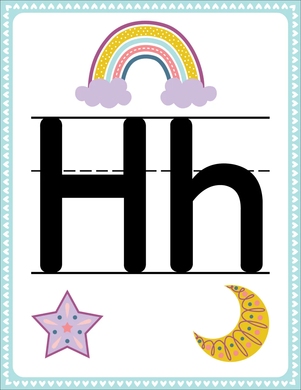 Alphabet poster H pairs uppercase H and lowercase h in the rainbow set for classroom letter recognition