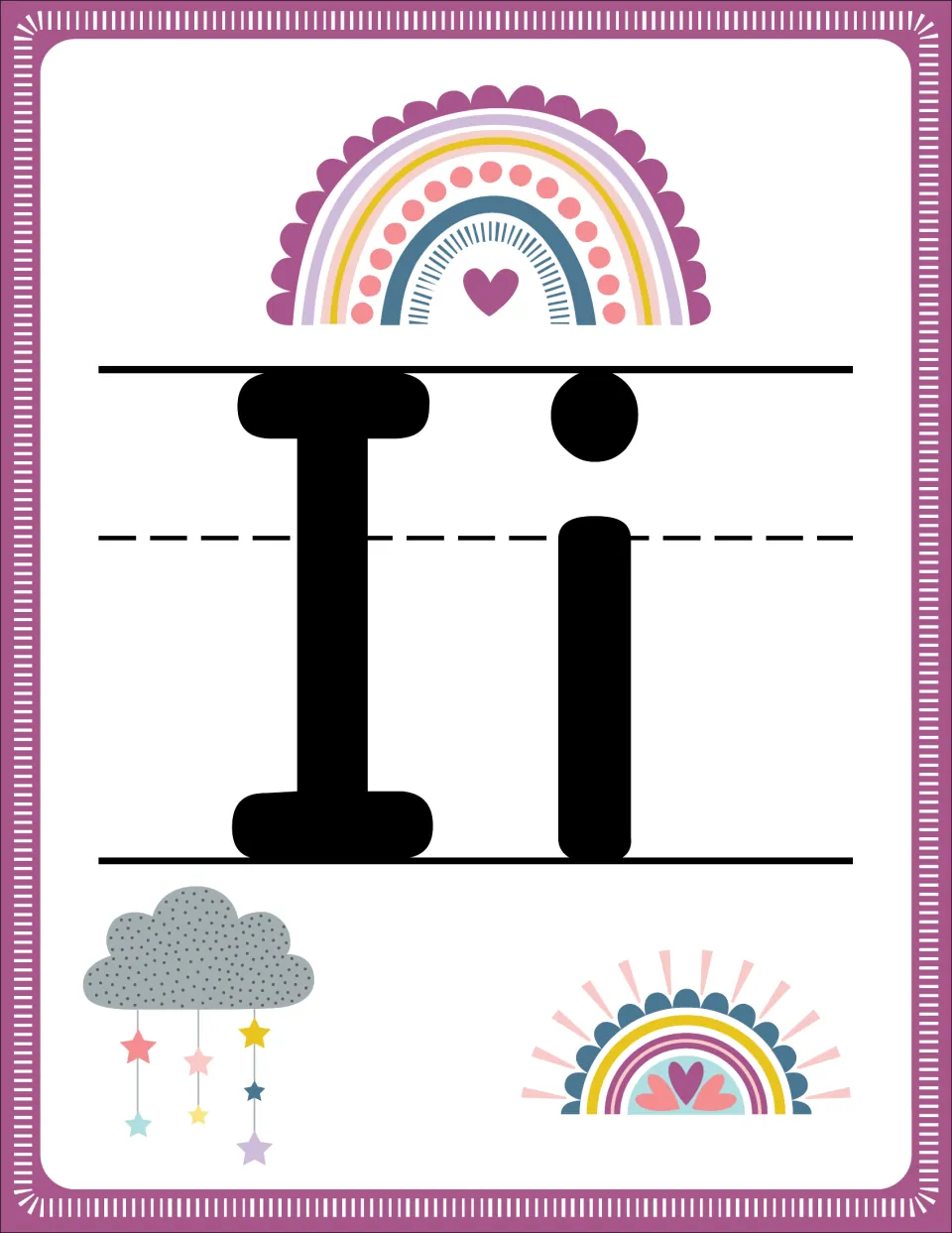 Alphabet poster I pairs uppercase I and lowercase i in the rainbow set for classroom letter recognition
