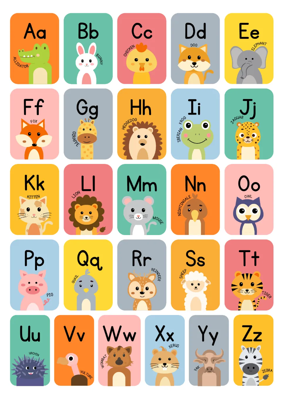 Alphabet poster featuring all 26 letter pairs, Aa–Zz, with labeled animals including alligator and zebra