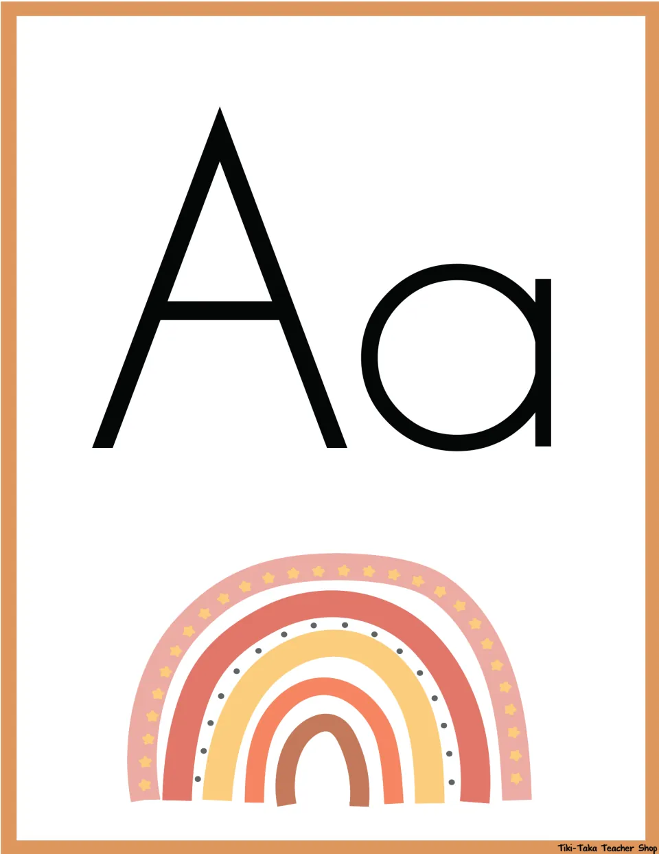 Letter A poster: large uppercase A and lowercase a above a pink, coral and yellow boho rainbow dotted with tiny stars