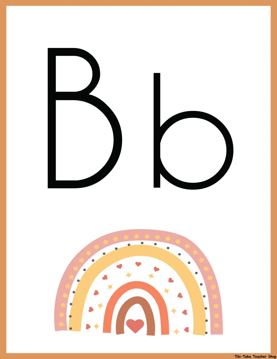 Letter B poster: uppercase B and lowercase b in black print over a pastel boho rainbow filled with hearts and sparkles