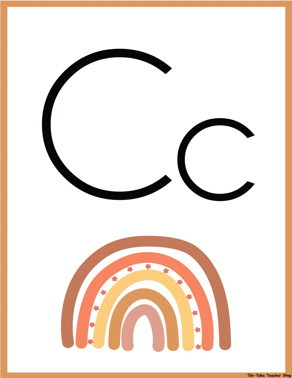 Letter C poster: capital C and lowercase c printed large above a terracotta and peach rainbow with small coral stars