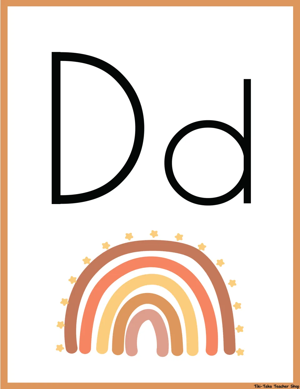 Letter D poster: uppercase D and lowercase d shown above a muted five-band rainbow ringed by small yellow stars