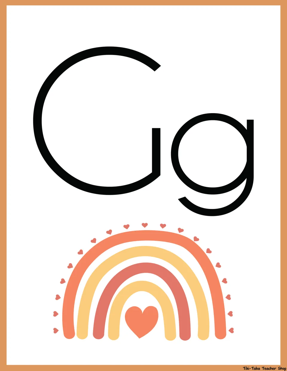 Letter G poster: capital G and lowercase g above a coral and yellow rainbow with a heart in its center and hearts around