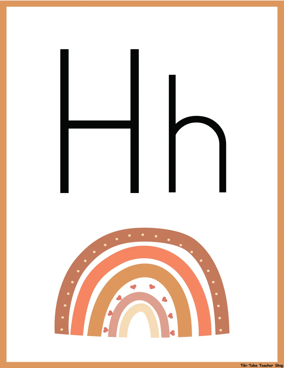 Letter H poster: uppercase H and lowercase h above a brown, coral and tan rainbow decorated with dots and small hearts