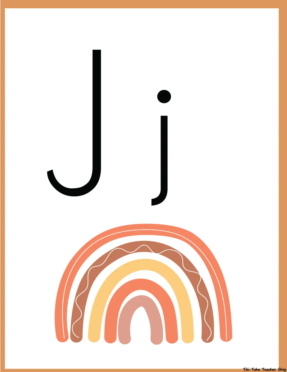 Letter J poster: uppercase J and lowercase j shown over a coral, brown and yellow rainbow with a wavy white line