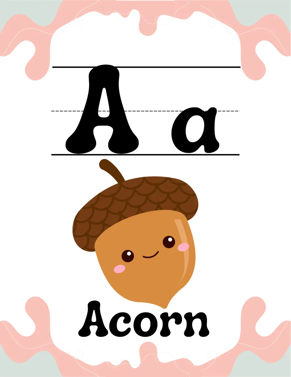 Letter A alphabet poster: uppercase A and lowercase a shown with a smiling cartoon acorn and the keyword Acorn