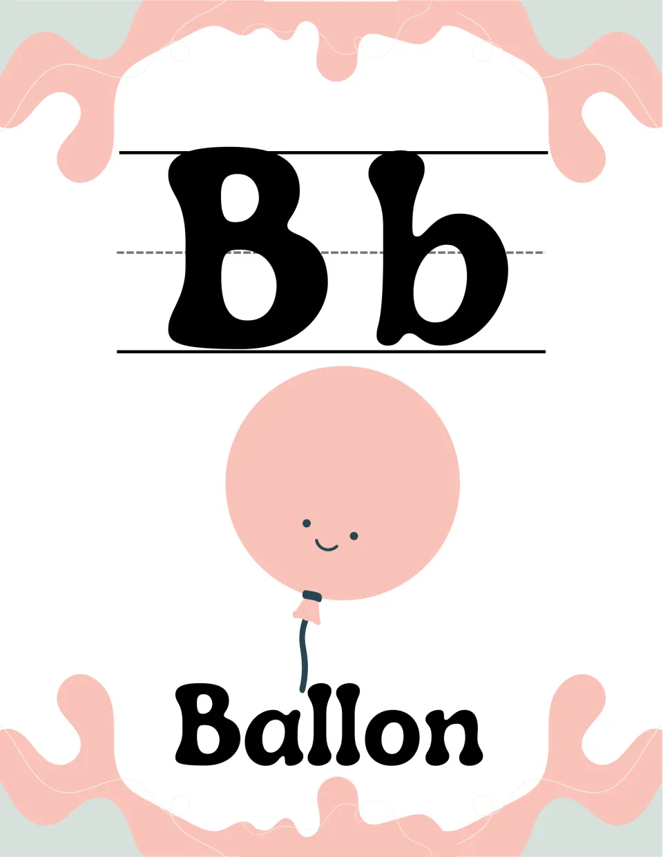 Letter B alphabet poster: uppercase B and lowercase b with a pink smiling balloon, labeled as printed: Ballon