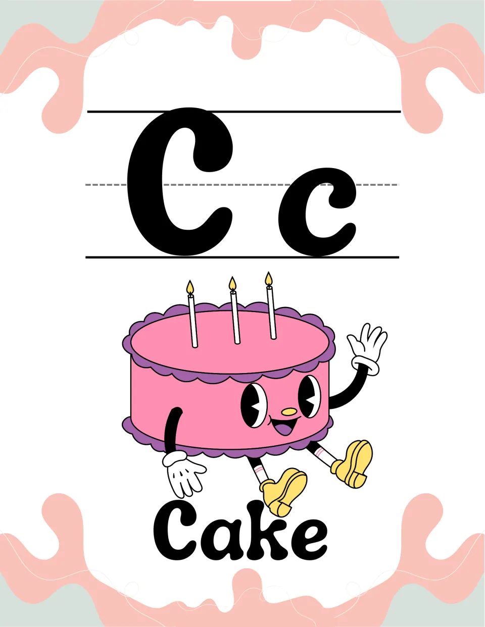 Letter C alphabet poster: uppercase C and lowercase c with a waving pink birthday cake character and the keyword Cake