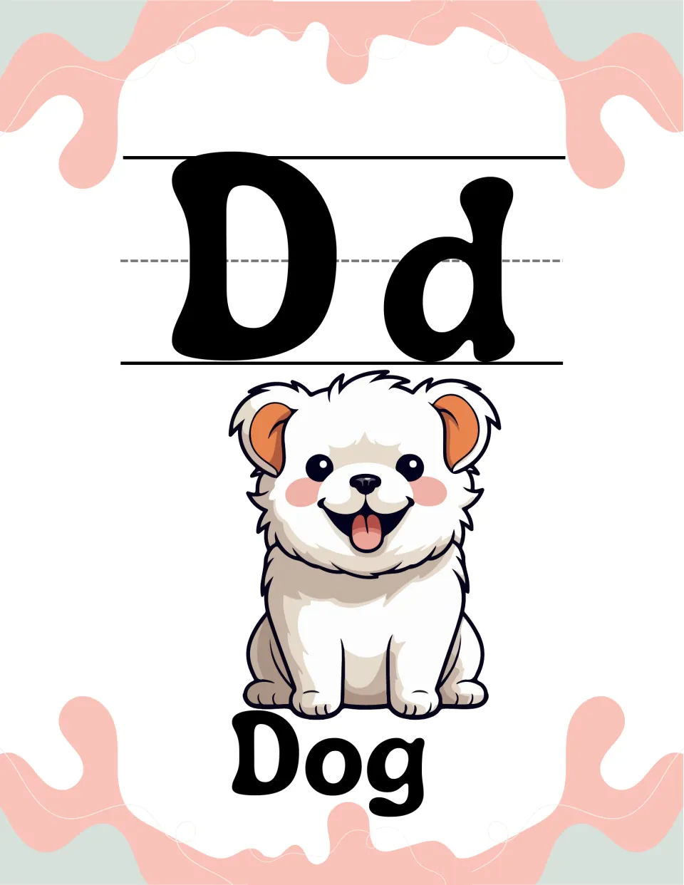 Letter D alphabet poster: uppercase D and lowercase d with a fluffy white puppy sitting above the keyword Dog