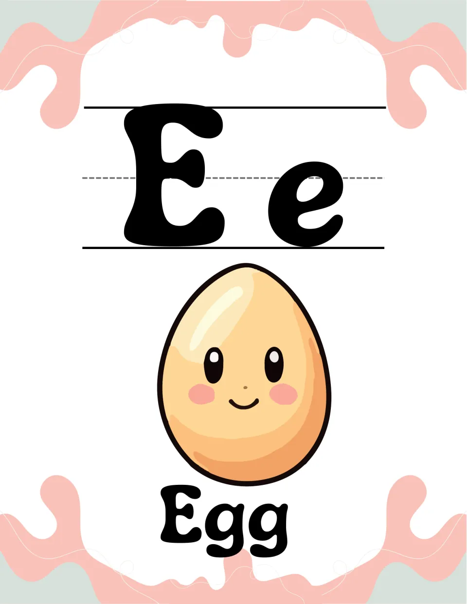 Letter E alphabet poster: uppercase E and lowercase e with a smiling cartoon egg with rosy cheeks and the keyword Egg