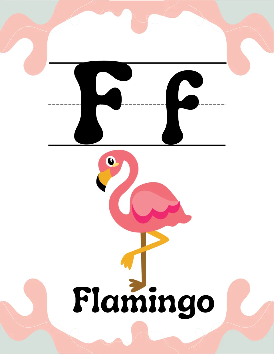 Letter F alphabet poster: uppercase F and lowercase f with a pink flamingo standing on one leg above the keyword Flamingo