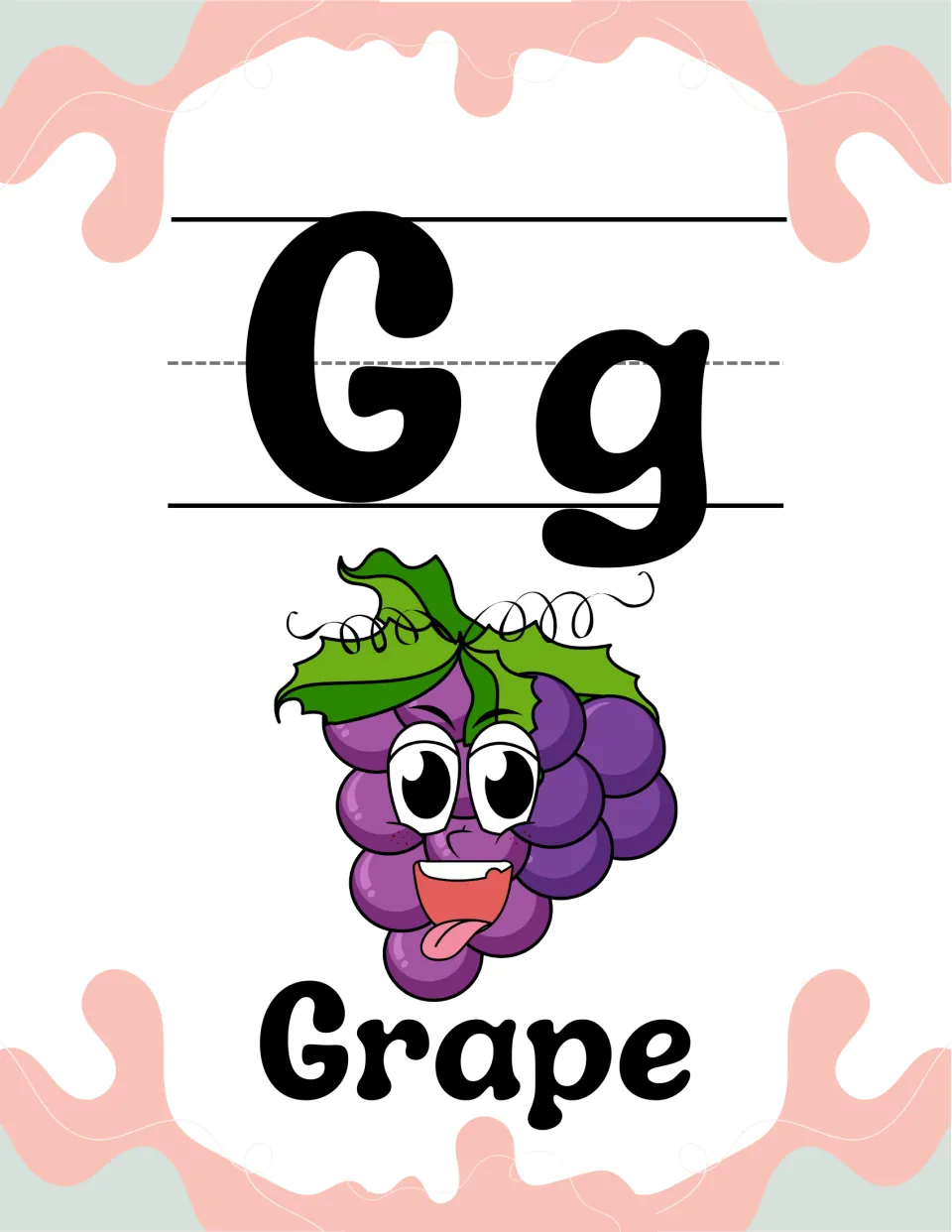 Letter G alphabet poster: uppercase G and lowercase g with purple grapes wearing a silly face and the word Grape