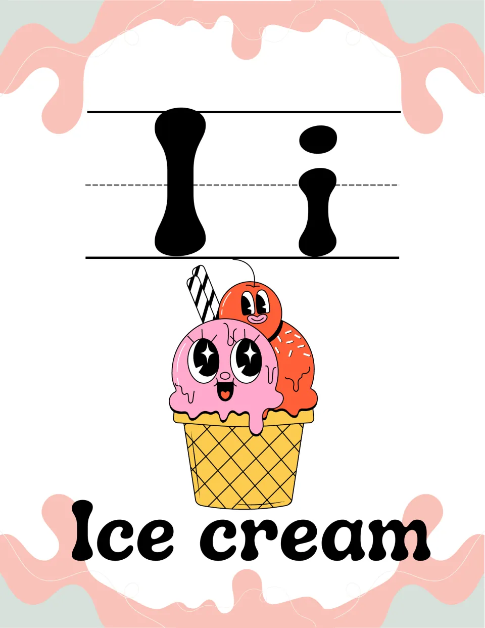 Letter I alphabet poster: uppercase I and lowercase i with a two-scoop ice cream cone and the keyword Ice cream