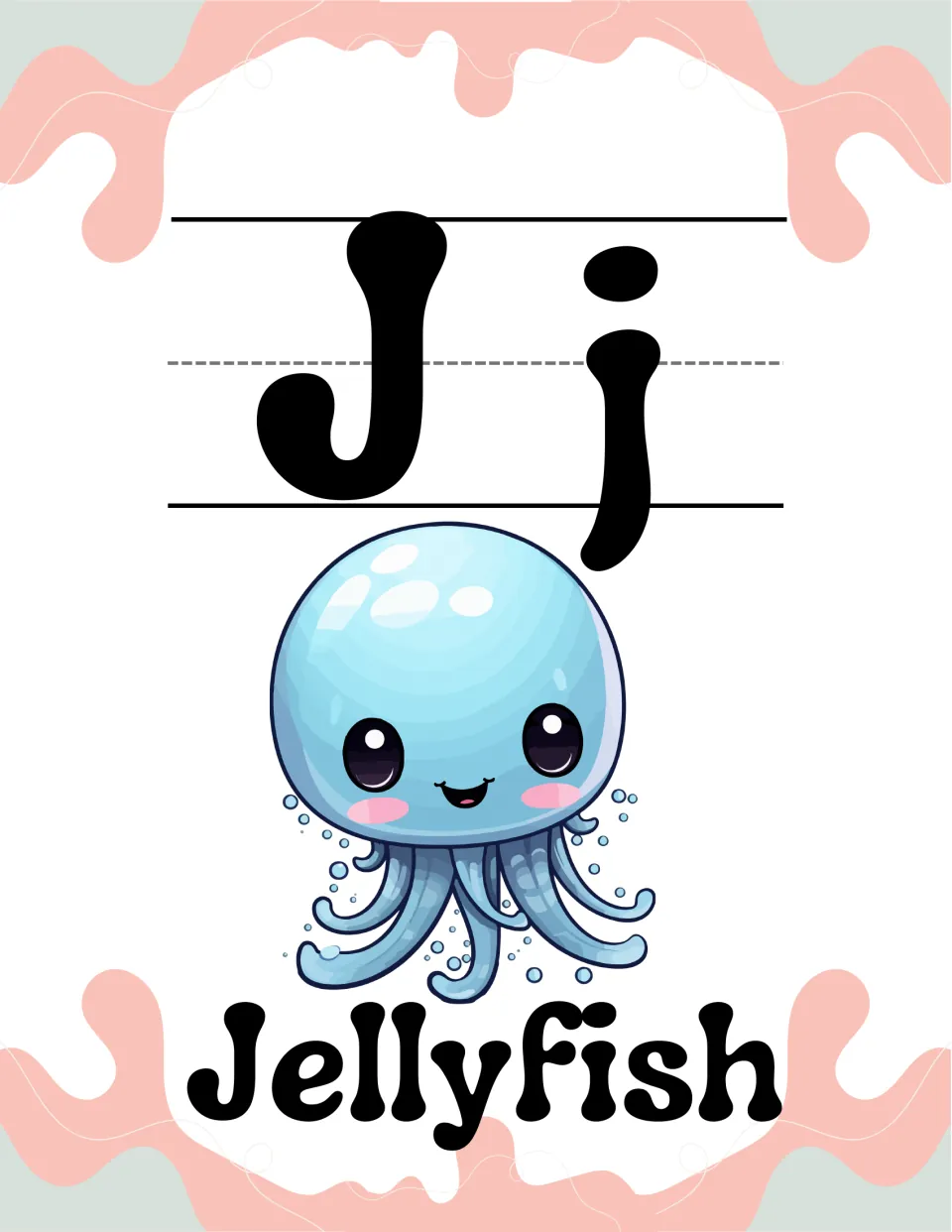 Letter J alphabet poster: uppercase J and lowercase j with a smiling blue jellyfish above the keyword Jellyfish
