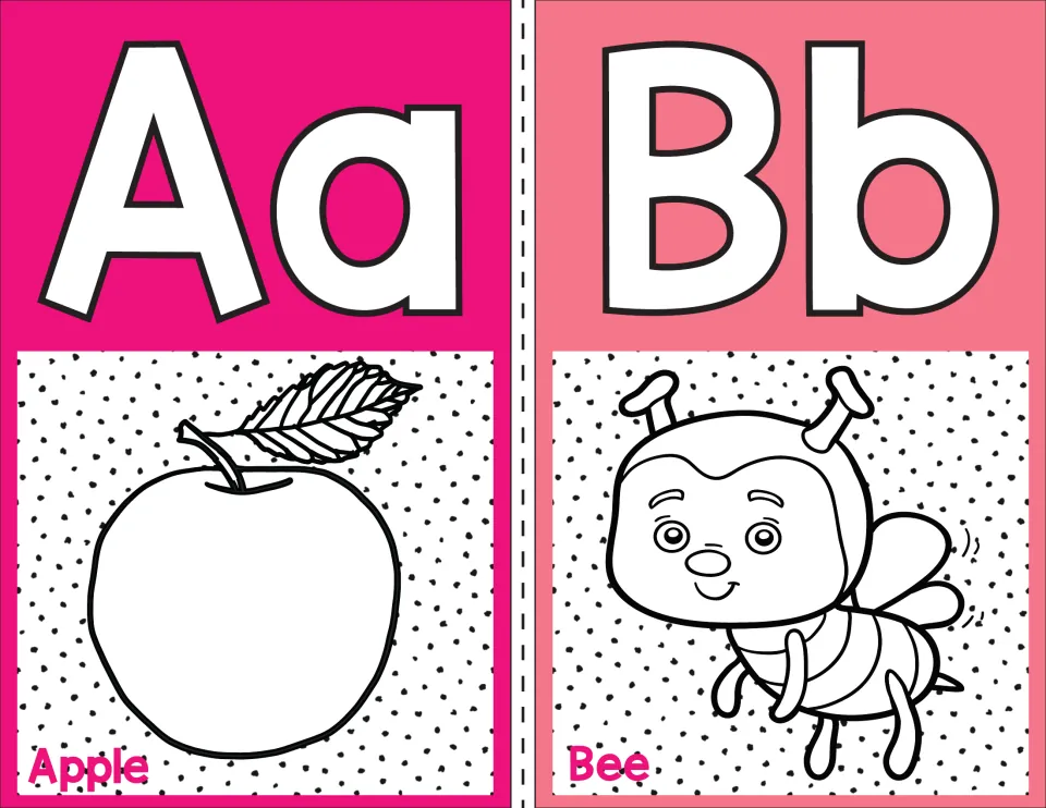 Letters A and B alphabet posters: big Aa beside an apple and Bb beside a smiling bee, each picture labeled with its word
